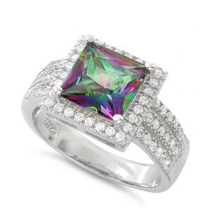 Rainbow Mystic Topaz CZ Princess Cut Ring Sterling Silver New
